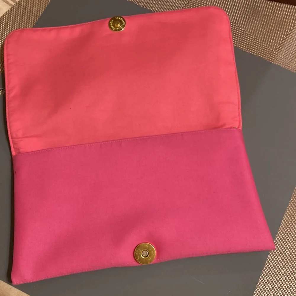 NWT Barbie pink cloth ornate clutch with convertible gold tone chain strap